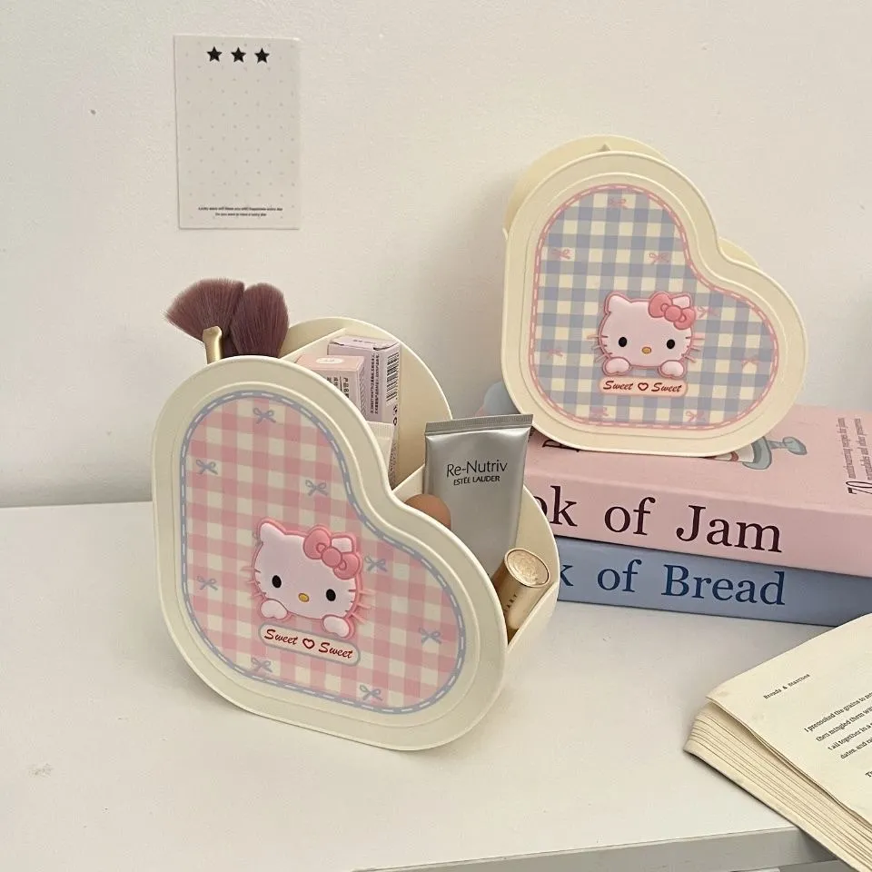 Cute Heart Plaid Desk Organizer – Multi-Compartment Storage Box for Makeup Brushes, Pens, Jewelry & Small Items, Adorable Cartoon Style Vanity & Office Organizer